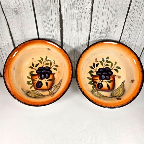 Set of 2 Inspired By Tuscany Bowl Olive and Garlic Motif 8” Mediterranean - Picture 1 of 9